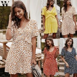 Womail Women Summer Bodysuit Casual Vintage print Clubwear bodysuit V-Neck Short Sleeve Jumpsuit Ruffled Playsuits Mujer 6.29 T200704