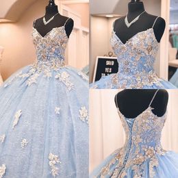 2021 Light Gold Embroidered Beaded Quinceanera Dresses Prom Sapghetti Crystal Straps V-neck Corset Backless Tulle Lace Sweet 16 Dress Long