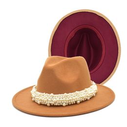 Ladies Wide Brim Fedora Hat Men Women Woollen Felt Wedding Hats with Pearl Belt British Style Top Jazz Caps