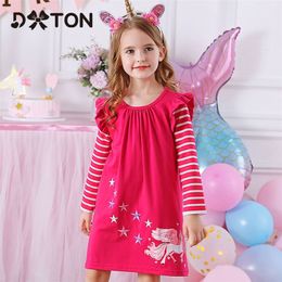 DXTON Winter Kids Dresses For Girls Flying Sleeve Unicorn Children Dress Star Stripe Toddler Cotton Clothing Causal Girls Dress LJ200923