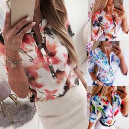 Summer Women Blouse Floral Shirt Loose Tops Office Lady Shirt Clothes Casual Button Ladies Blouses Tops Plus Size Women Shirts H1230