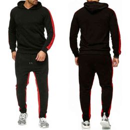 2 Pieces Sets Tracksuit Men New Brand Spring 2022 Hooded Sweatshirt +Drawstring Pants Male Stripe Patchwork Hoodies Sweatpants G1222