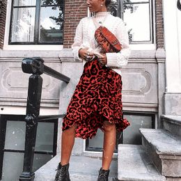 Leopard Long Skirt Women High Waist Midi Skirt Female Office Ruffle Animal Print Skirts Womens Summer Red 2021 Casual Y1214