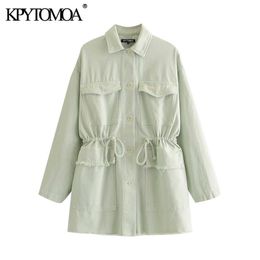 KPYTOMOA Women Fashion Overshirt Pockets Loose Jacket Coat Vintage Adjustable Drawstring Frayed Female Outerwear Chic Tops 201112