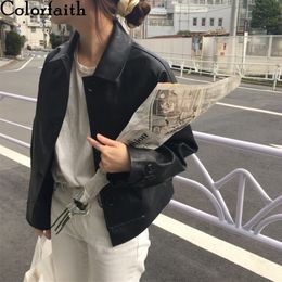 Colorfaith New 2020 Autumn Winter Women's Leather Jackets Outerwear High Street Oversize Faux Leather Wild Short Tops LJ201012