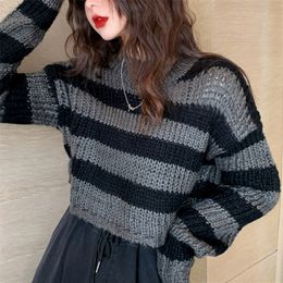 Rosetic Pullovers Striped Short Women Sweater Casual Knitwear Streetwear Jumper Grey Black Gothic Knitted Sweaters Goth 201224