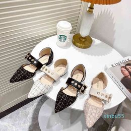 Chic Metal buckle belt plaid fabric modern sandals women slippers ins summer shoes woman pointed toe cover heels sandalias