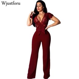 Wjustforu Floral Lace Wide leg Jumpsuit Women Bow-Knot Hollow Out Sexy Jumpsuit Vestido Short Sleeve Casual Jumpsuit Female Slim T200509