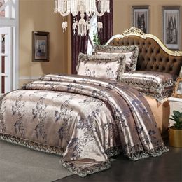 Luxury Silky satin bedding set gold silver Colour 4pcs cotton lace duvet cover sets bedsheet queen/king size 4Pcs bed set 201021