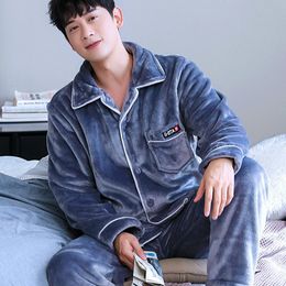 Men Pyjamas Set Thicken Coral Fleece Young Sleepwear Male Flannel Long Sleeve Plus Size Autumn Winter Luxury Nightwear LJ201113