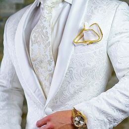 High Quality One Button White Paisley Groom Tuxedos Shawl Lapel Groomsmen Mens Suits Blazers (Jacket+Pants+Tie) W:715 201027