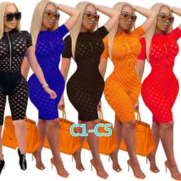 Women Jumpsuits Hollow Perspective Sexy Summer Casual Tracksuits Mesh 2 Piece Shorts Sets Ladies Short Sleeve Leggings Outfits Designers Clothes 2022