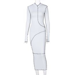 2021 Maxi abito skinny patchwork a maniche lunghe con cappuccio autunno inverno moda donna streetwear abiti casual S-3XL