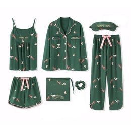 2019 100% Cotton Women Pyjamas Sets 7 Pieces Set Casual Sleepwear Autumn Winter Long Sleeve Cute Home Clothes for Girls Y200708
