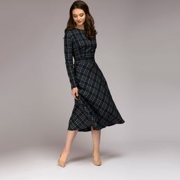 Women Vintage Sashes Plaid Dress Ladies Long Sleeve o Neck Elegant a Line Midi Dress Autumn Bow Tie Party Dress Plus size 201030