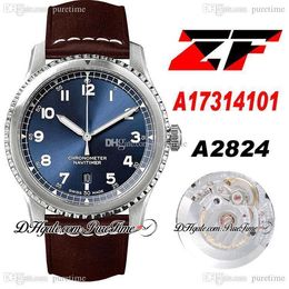 ZF 41mm A17314101 ETA A2824 Automatic Mens Watch Steel Case Blue Dial White Number Markers Brown Leather With White Line Puretime PTBL b02