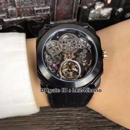 New Octo Finissimo Tourbillon 102719 BGO40PLTBXTSK Skeleton Dial Automatic Mens Watch PVD Black Steel Case Gent Sport Watches Leather Strap