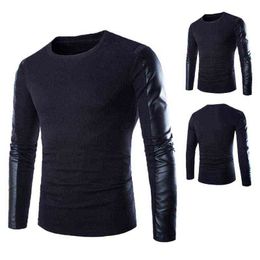 Brands Designer Autumn Winter Mens Sweaters Patchwork Long Leather Sleeve O Neck Jumpers Pullovers Male Christmas Sweater G1229