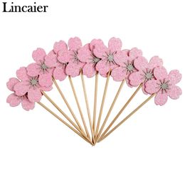 Lincaier 10pcs Pink Cherry Blossoms Cupcake Toppers Girl Birthday Party Decorations Kids Sakura Cake Supplies Accessories Flower Y200618
