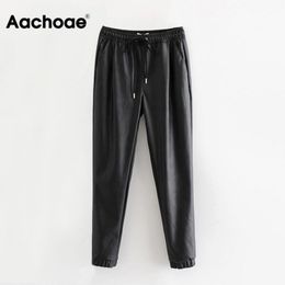 Aachoae Women Black Chic PU Leather Pants Elastic Waist Long Length Elegant Bottoms Drawstring Tie Pockets Basic Female Trousers 201109