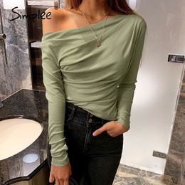 Simplee Casual one shoulder women top Summer long sleeve t-shirt female tops Sexy asymmetric slim solid ladies tops shirts 201029