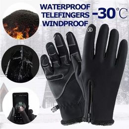 Unisex Winter Thermal Bicycle MTB Snowboard Ski Gloves Zipper Leather Waterproof Windproof Screen Induction Glove Skiing 20211