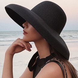 HT2303 New Summer Sun Hats Ladies Solid Plain Elegant Wide Brim Hat Female Round Top Panama Floppy Straw Beach Hat Women Y200602