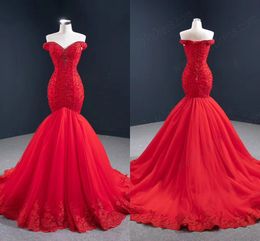 2021 Red Beading Applique Prom Formal Dresses Mermaid Long Off The Shoulder Lace-up Tulle Evening Gowns Elegant Party Special Occasion Dress