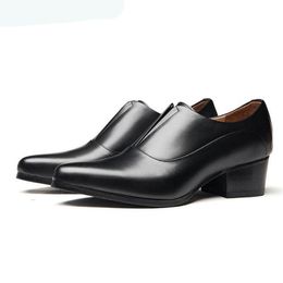Basic Genuine Leather Formal Dress Men's Loafers Pointed Toe Business Slip On Handmade 5cm High Heels Man Wedding Party Shoes