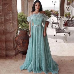 2021 light blue Boat Neck Feather Evening Dresses Long Sleeve Full Lace Arabic Dubai Formal Gown Pleated Skirt Turkey Evening Gown