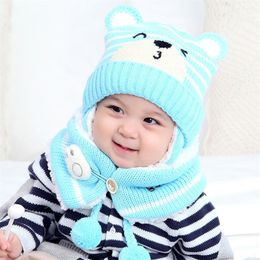 Winter Baby Warm Knitted Hats Kids Girls Boys Woolen Cute Hat Baby Earflap Beanie Hat With Scarf Cut Baby Infant Knit Hat #30 Y201024