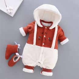 Winter Baby Boys Cartoon Jumpsuit Baby Keep Warm Romper infants Hooded Thicker Clothes Toddler Girls Cotton Clothing 201029