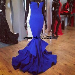 Royal Blue Sequins Mermaid Prom Party Dress Ruffles Skirt vestidos para festa Gala Gowns Formal Evening Dress