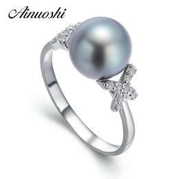 AINUOSHI 10mm Black Tahitian Pearl Ring 925 Sterling Silver Round Pearl Ring Engagement Trendy Silver Women Anniversary Jewelry Y200106