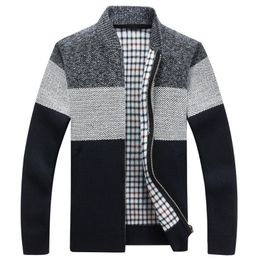 Winter Fashion Patchwork Men's Knitted Jackets Thick Comfy Long Sleeve Sweater Coat Warm Stand Collar Fall Tide Casual Cardigan 201125