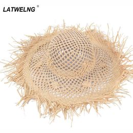 ins Hand-woven Hollow Raffia Hat Female Wide Brim Beach Hats UV Protection Girlfriend Holiday Gift S1096 Y200714