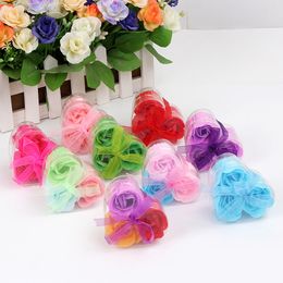 3pcs Flower Gift Boxes Heart Shape Handmade Rose Soap Petal Simulation Soap Flower Valentines Day Gifts w-00611