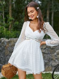 Double Crazy Surplice Neck Lantern Sleeve Lace Overlay Dress SHE