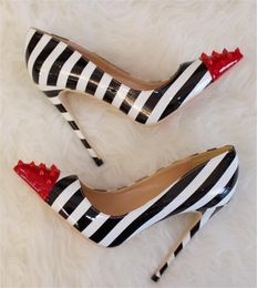 Brand Design Women Pointed Red Rivet Toe Stiletto Heel Stripes Pumps Patchwrok Slip-on High Big Size Heels