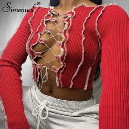 Fashion-Simenual Patchwork Lace Up Long Sleeve Crop Tops Women Ribbed Sexy Party Knitwear T-Shirt Hollow Out Bodycon Club Tie Front Top