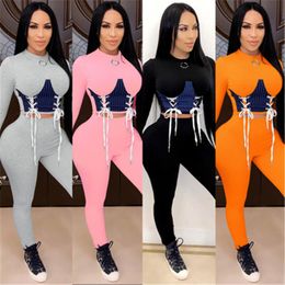 Womens Splicing Colors Skinny Sets Fashion Trend Bandage Long Sleeve Round Neck Tops Pant Suits Designer Female Spring New Casual Tracksuits