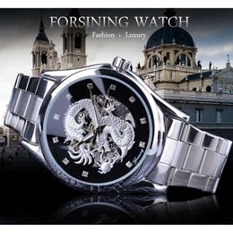 Forsining Diamond Montre Design Silber Edelstahl Automatische Drachenanzeige Männer Homme Luxusuhren Handgelenk Marke Classic Top Steel Heqgx