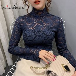 Vintage Lace Shirt Embroidery Mesh Sexy Transparent Turtleneck Long Sleeve Tops Tees Bottoming Stretchy Women Clothes T-shirt 201028