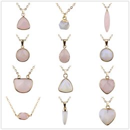 12Styles Pendant Natural Stone Pink Rose Quartz Opal Heart Round Bullet Shape Necklace For Women Jewellery