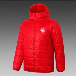 21-22 Olympiacos F.C Men's Down hoodie jacket winter leisure sport coat full zipper sports Outdoor Warm Sweatshirt LOGO Custom