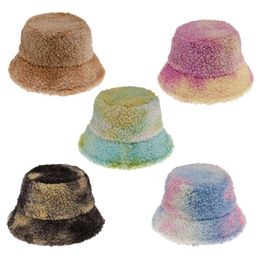 Women Men Winter Warm Fluffy Plush Bucket Hat Colourful Tie-Dye Printed Short Brim Sunscreen Hip Hop Packable Panama Fisherman