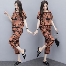 Large Big Size Women 2 Piece Set Top And Pants Wide Leg Trousers Suit Set Elastic Waist Year-old Female Costume Tracksuit T200702