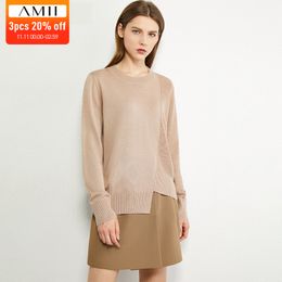 AMII Minimalism Autumn Fashion Women Sweater Solid Spliced Oneck Irregular hem Loose Women Pullover Causal Female Tops 12040498 201111