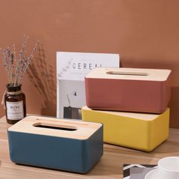 Home Kitchen Wooden cover Plastic Tissue Box Solid Wood Napkin Holder Case Simple Stylish Bamboo cover Hotel storage box 201030