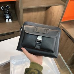 Black leather handbag exquisite zipper clutch bag concise concise rectangular wrist bag purse compact briefcase